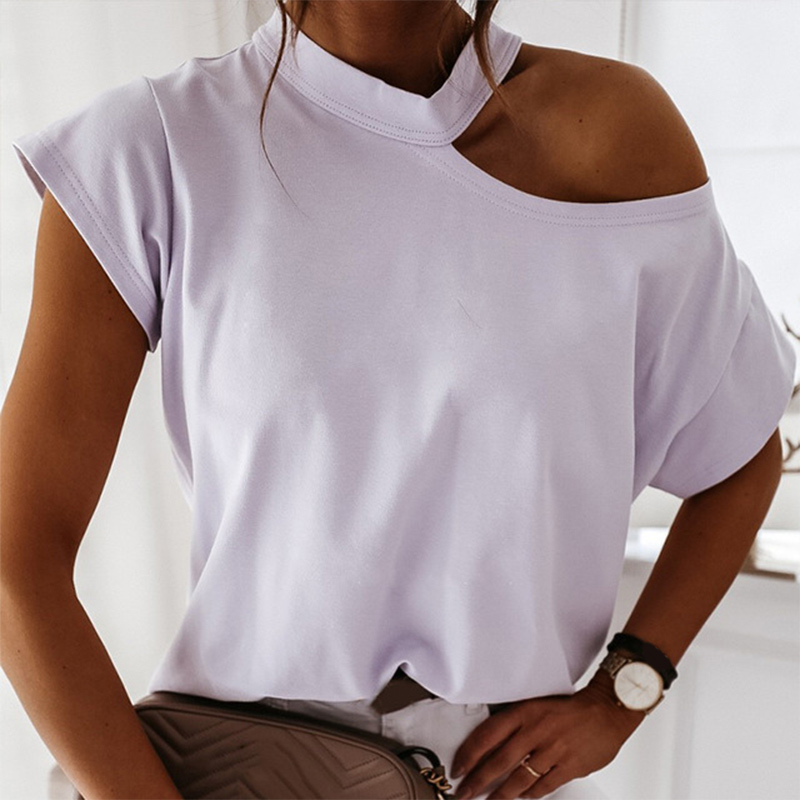 

Girls Tshirt Off Shoulder Short Sleeve White Solid Black Ladies Tshirts Halter 2020 Summer Fashion Casual T Shirts Tops Women, Purple