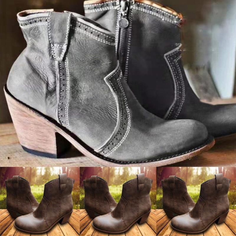 

Women Winter Pointed Toe Med Heels Cool Zipper Sewing Ankle Boots Shoes, Brown