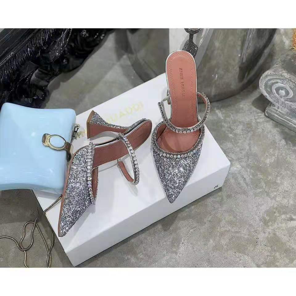 

Hot Sale-Perfect Official Quality Amina Muaddi Women 95mm Gilda Embellished Glitter Mules Amina Muaddi Crystal High Heel Sexy Shoes Sandals, 2 as pic