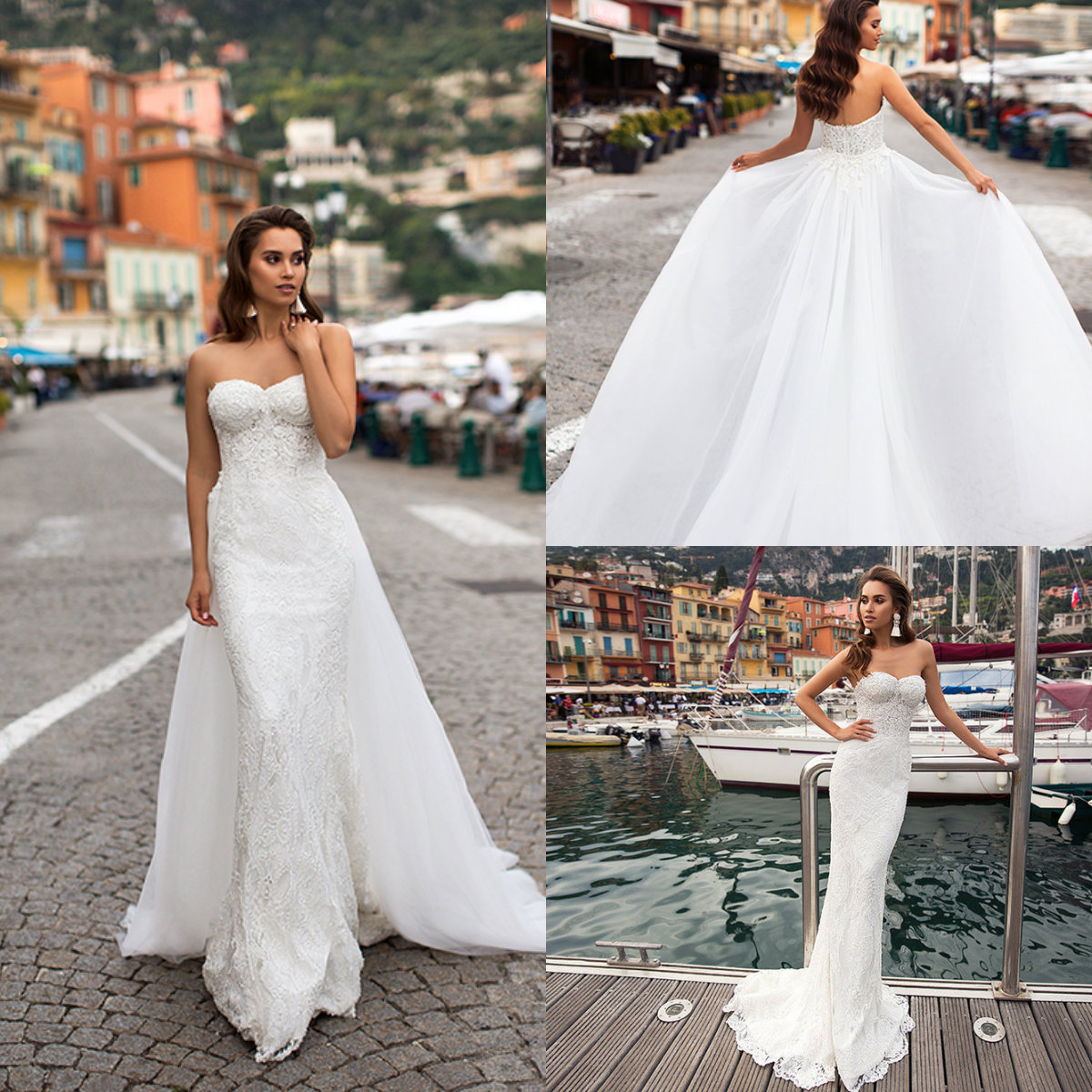 

White Wedding Dresses with Detachable Train Sweetheart Lace Appliqued Gorgeous Mermaid Wedding Dress Sweep Train Beach Boho Bridal Gowns, Black