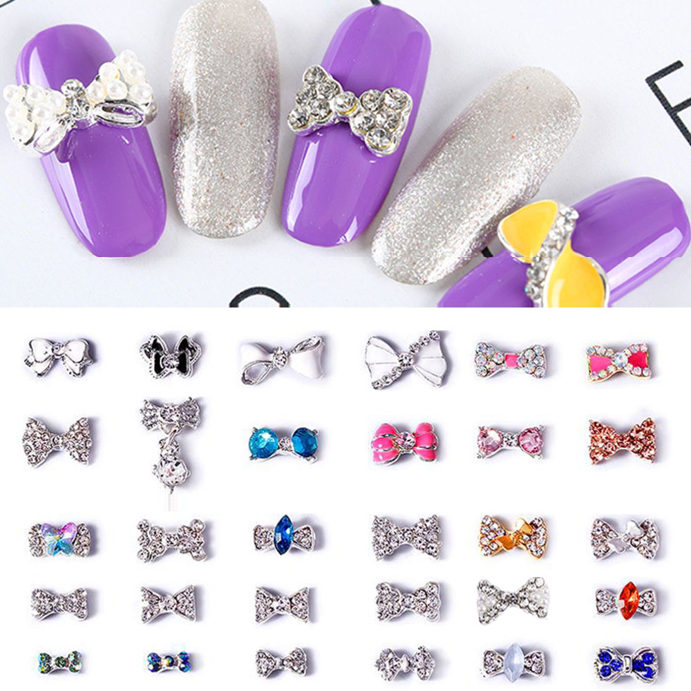 

10pcs/pack 3d Nail Charms Bow knot Glitter Clear Gold Silver Rhinestones Bow Ties Crystal Alloy DIY Nail Art Decorations Tools