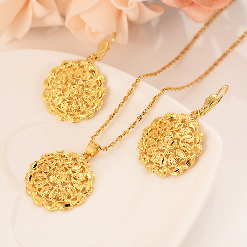 

dubai india Gold color big flower jewelry Set Pendant Necklace Earrings African Jewelry Sets For Women party wedding bridal gifts, Black