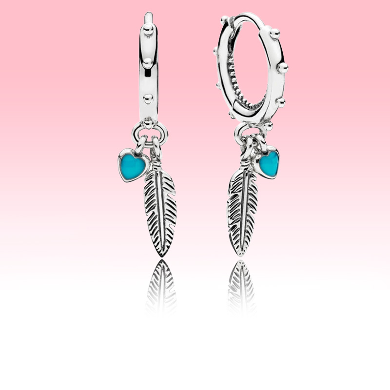 Blue Hearts and Feather Hoop Earrings Authentic 925 Sterling Silver designer Earrings Women Wedding Party Jewelry Pendant earrings with Luxurious Re