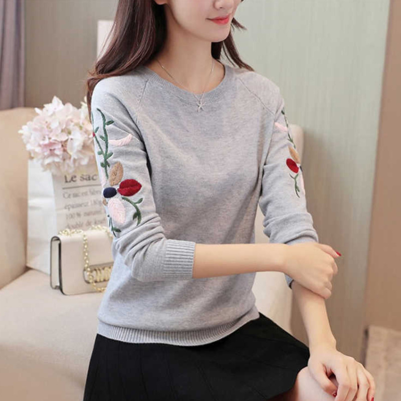 

DTSTARZG Korean Slim Pullover Sweater Women 2020 Autumn Winter Floral Embroidery Knitted Jumper Female Knitwear Clothes Gray, Black