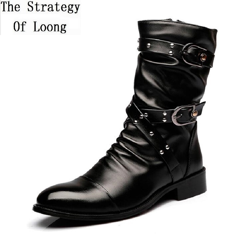 

Spring Autumn Winter Pointed Toe Rivet Buckles Men Equestrian Boots Mid-Calf High Top Male Warm Punk Motorcycle Boots, Black