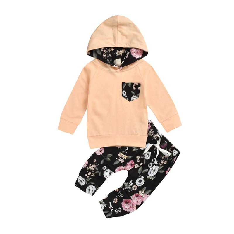 

KANCOOLD children's baby long-sleeved floral pocket hooded sweater top + bow tie lace printed trousers two-piece suit, Khaki