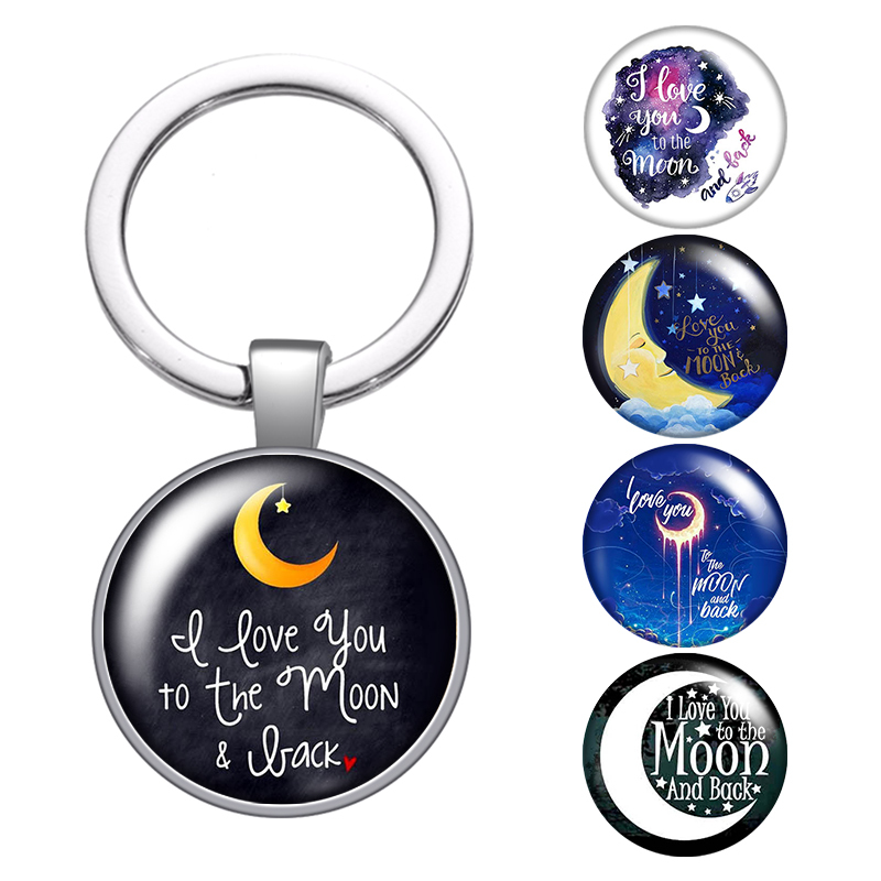 

I Love You To The Moon And Back Glass Cabochon Keychain Bag Car Key Chain Ring Holder Charms Silver Keychain For Men Women Gifts