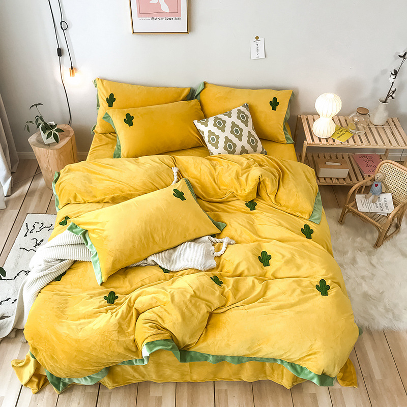 

Autumn Winter Thick Warm Baby Velvet Towel Embroidery Bedding 4-piece Set Lace Crystal Velvet Embroidered Quilt Cover Pillowcase, 4pcs k