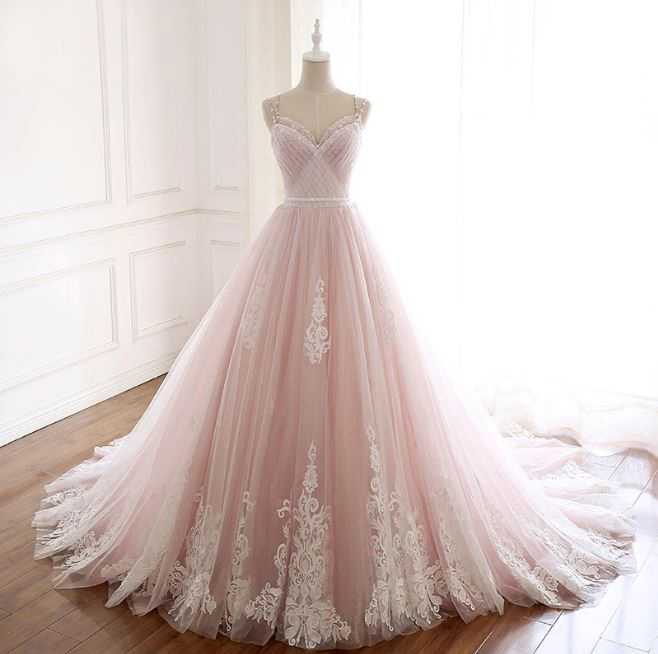 

Fairy Spaghetti Straps Light Pink Prom Dresses Ball Gown Beading Tulle Party Dress White Lace Appliques Lace Up Back Elegant Evening Gowns, Same as image