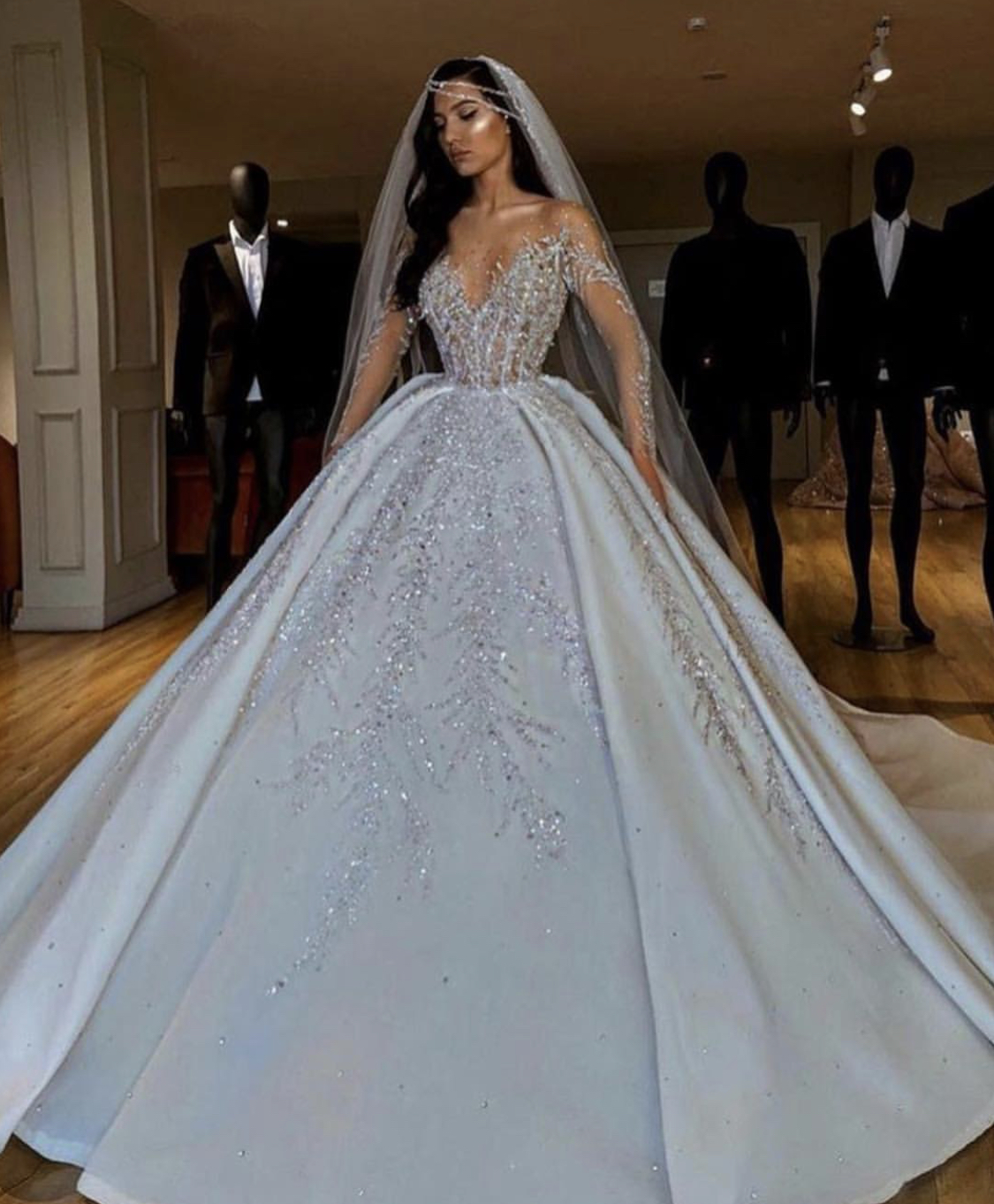 

2020 Arabic Lace Ball Gown Wedding Dresses Sheer Jewel Neck Sequins Beaded Bridal Gowns Custom Made Long Sleeve Robes De Mariée, Gold