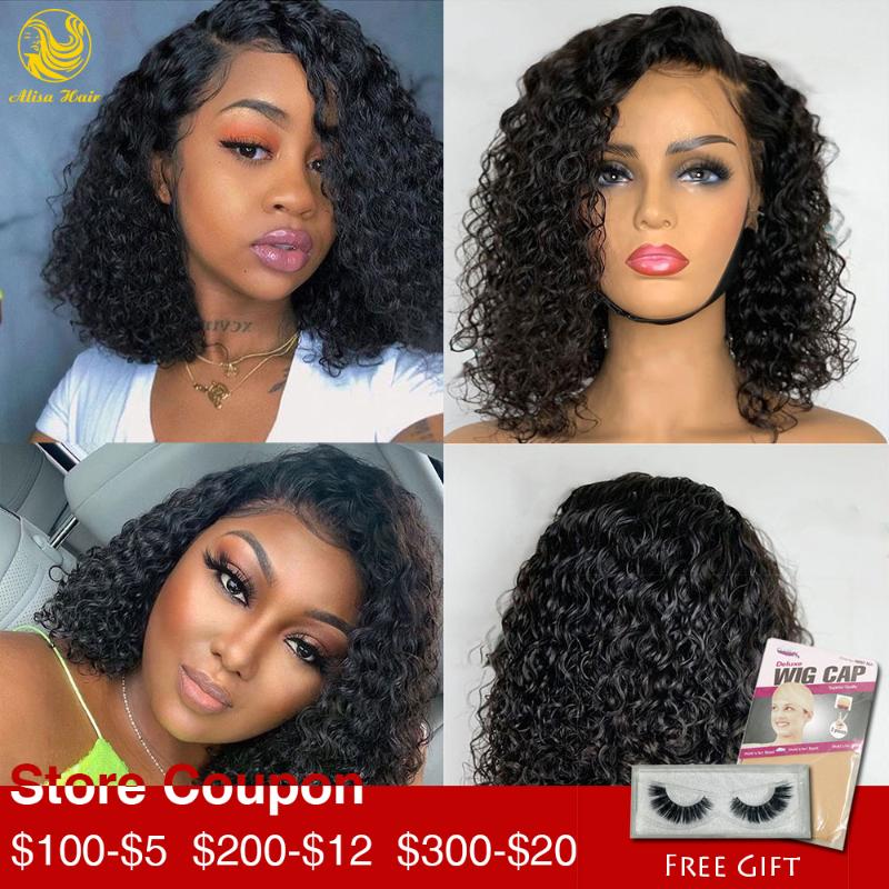 

Alisa Hair Jerry Curly 13*6 Lace Front Human Hair Wigs for Women Brazilian Virgin Wig Short Curly Bob Wigs, Natural color
