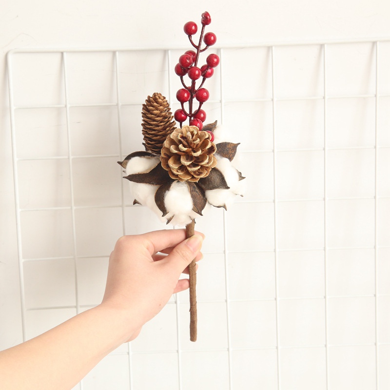 

Artificial Flower Branch Realistic Berry Pinecone Cotton Boll Stems For Christmas Tree Wreaths Holiday Home Decorations, As show