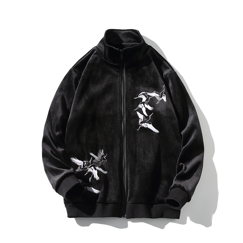 

men's Velvet Bomber Jacket men's Embroidered Baseball Jacket with Full Zip Autumn Mens Bomber Jackets Casual Male Outwear Fleec, Black
