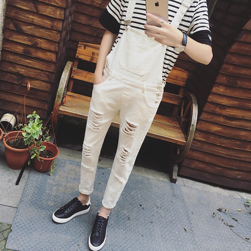

2017 Vintage men's clothing fashion Summer casual spaghetti strap ankle length trousers slim HARAJUKU hole 9 bib pants costumes, Black