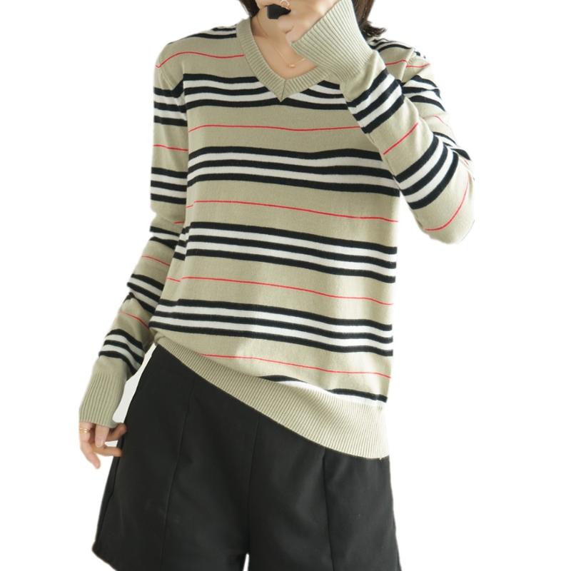 

Sweater women' spring new style bottoming shirt autumn wild stripes v-neck long sleeve wool pullover, Black