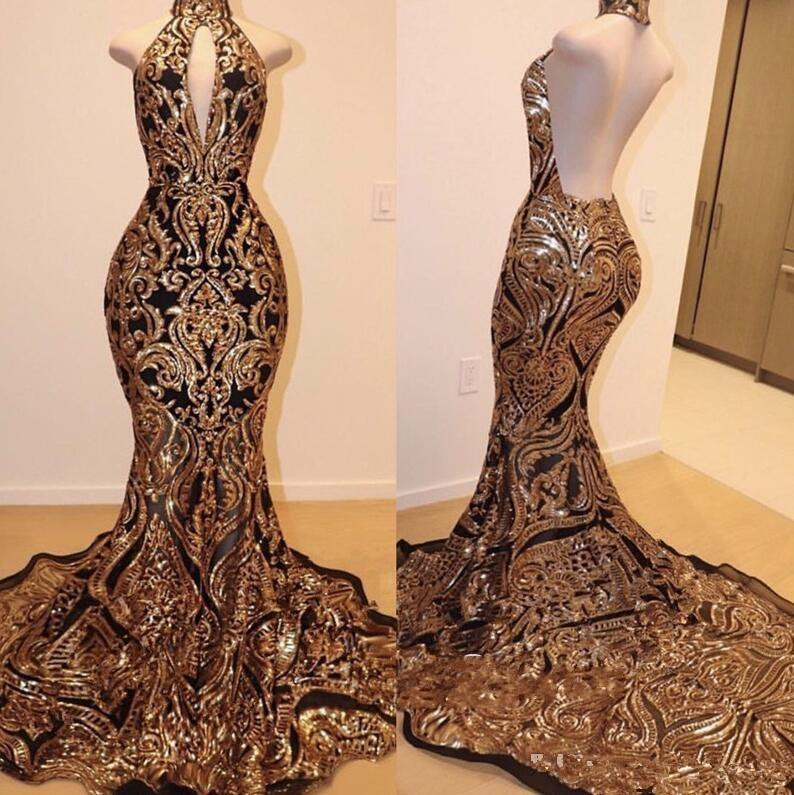 

Gorgeous Gold and Black Sparkly Prom Dresses 2020 Hign Neck Backless Sweep Train African Sexy trumpet Occasion Evening Wear gowns, Purple