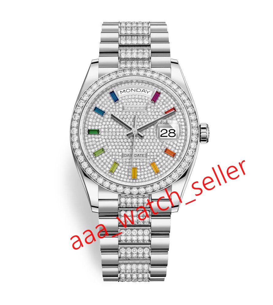 

2020 Latest master luxury mens watches 36mm Day-date m128349 118238 full-paved diamond dial rainbow bezel mechanical automatic wristwatch, Black