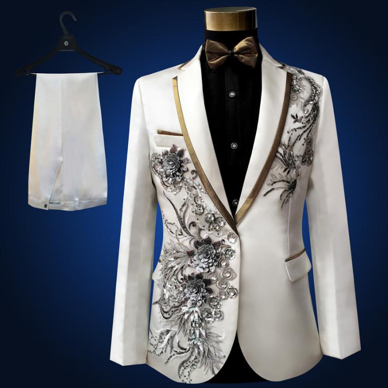 

Heavy Workmanship Men Wedding Beads Suits Paillette Party Event DJ Stage Costume Homme Slim Suit, White silver