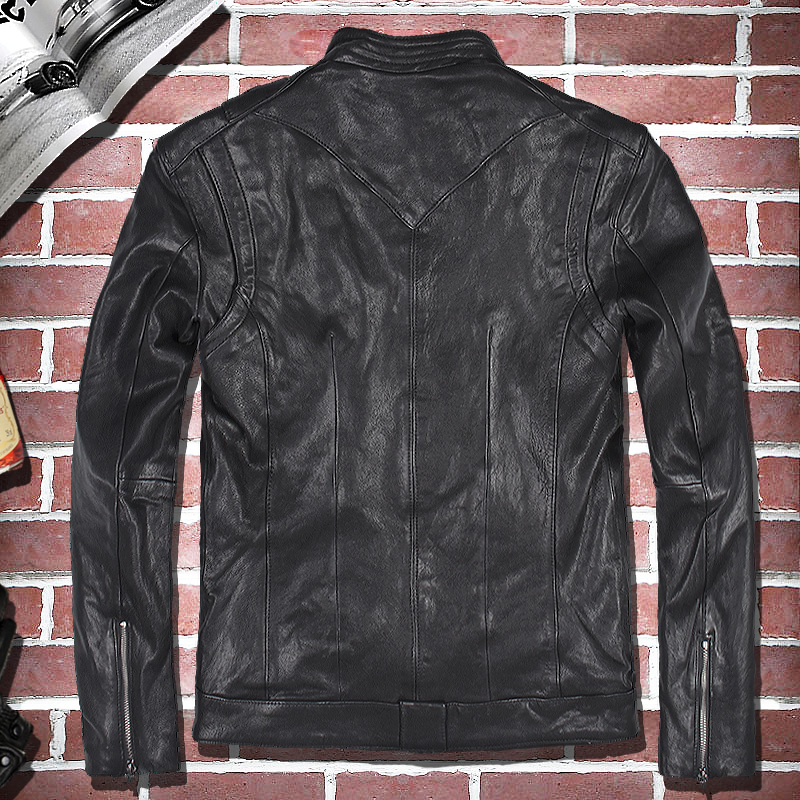 

200% Genuine Leather Jacket Real Sheepskin Coat for Men Thin Spring and Autumn Slim Short Moto & Biker 022 PWX65, Black