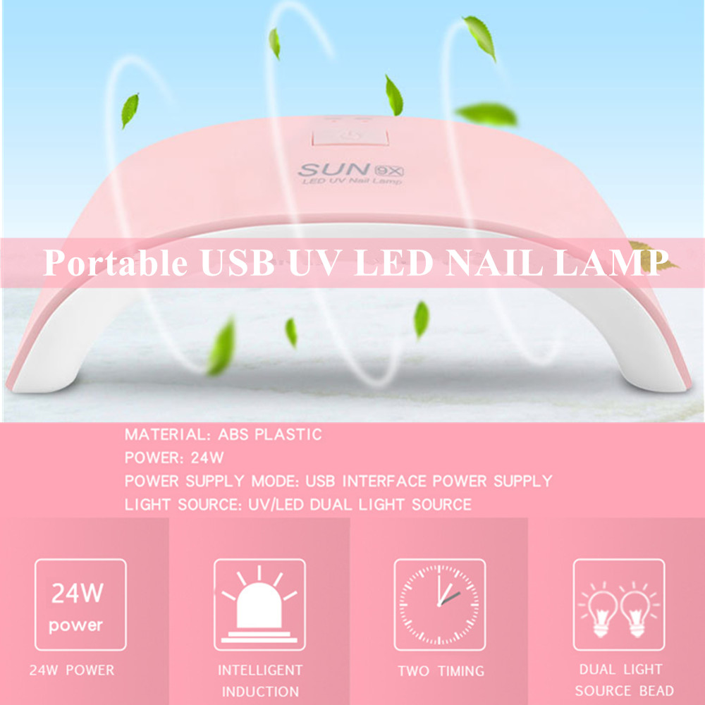 

New SUN 9X 24W Nail Dryer UV LED Lamp Portable USB Charge Auto Sensor 30s/60s Timers 12 LEDs Manicure Tools Gel Polish Curing Light, Pink