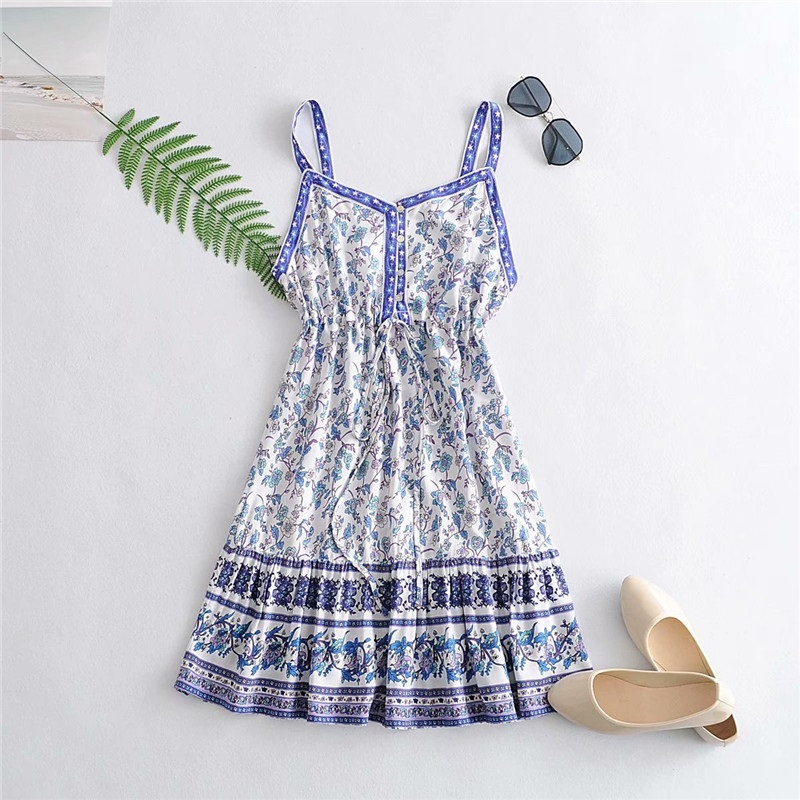 

European and American style 2020 summer new slim slimming positioning printing national style strapless backless dress, Multi