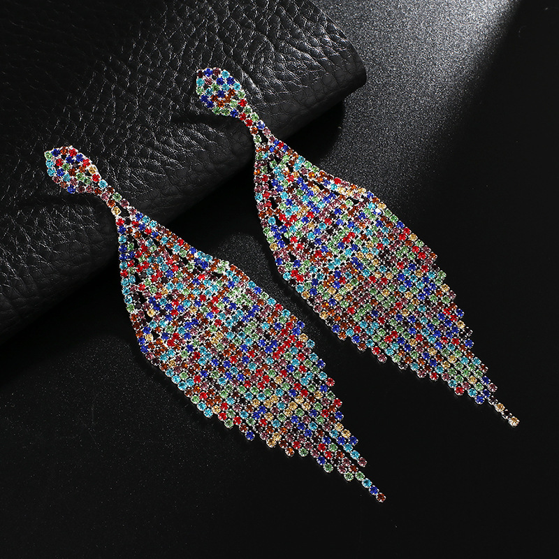 

Luxurious Nightclub Dinner Colour Rhinestone Tassels Exaggeration Long Fund Earrings Ear Nail Bride Ornaments