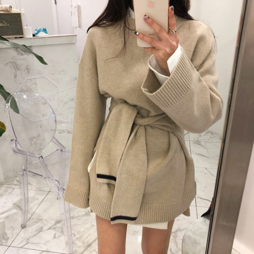 

fall sweater 2019 O-neck Solid Color Pullover Sweater Chic Waist Wide Lace-up Knitted, Gray