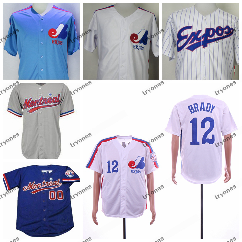 

Mens Vintage 1995 Montreal Expos #12 Tom Brady Baseball Jerseys Mens Cheap White Blue Tom Brady Stitched Shirts, White 12 brady