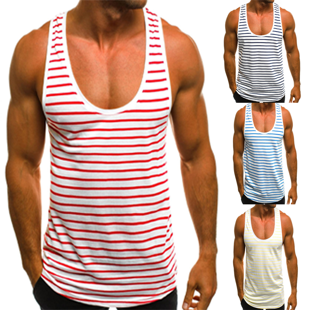 

Men Stripe Sleeveless Vest Summer Beach Training Gym Holiday Casual Top, Black
