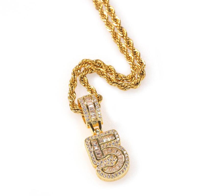 Hip hop + cziron glacé Numéro de cristal 0-9 collier pendentif en acier inoxydable d'or argent pour hommes femmes punk bijoux cadeaux
