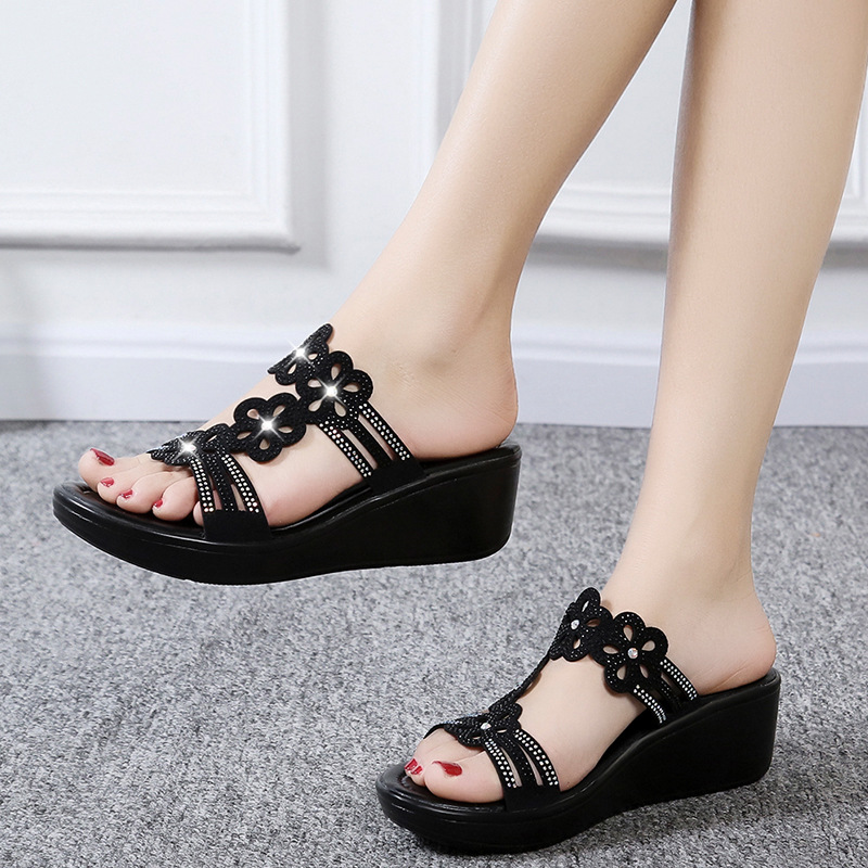 

2020 new hot summer Women's Shoes Wedge Slippers Women Casual Rhinestone Flowers Lady Wild Sandals slippers women flip flops, Gold
