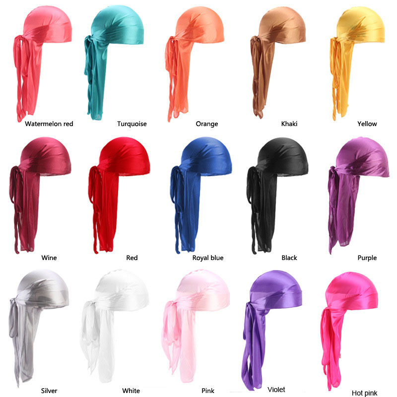 

HugMee Turban Cap New Artificial Silk Long Tail Scarf Cap Hat for Woman Headband for Man Head Wear Chemotherapy Cap P0108