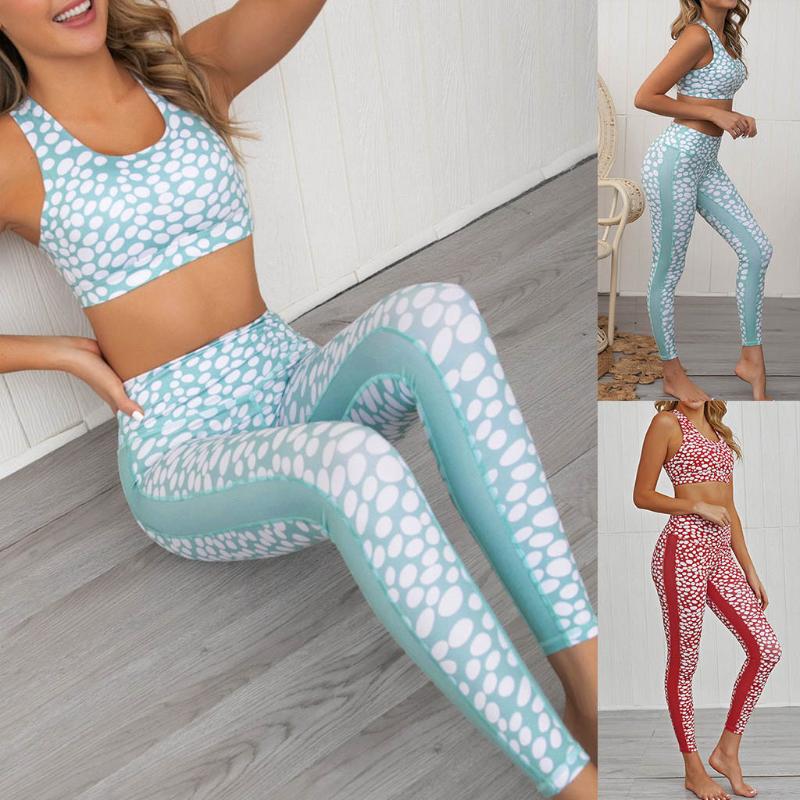 

polka dot Print Yoga Set Fitness Women Sports Running Suit Gym Wear Halter Vest Workout Elastic Quick Dry Yoga Sets#
