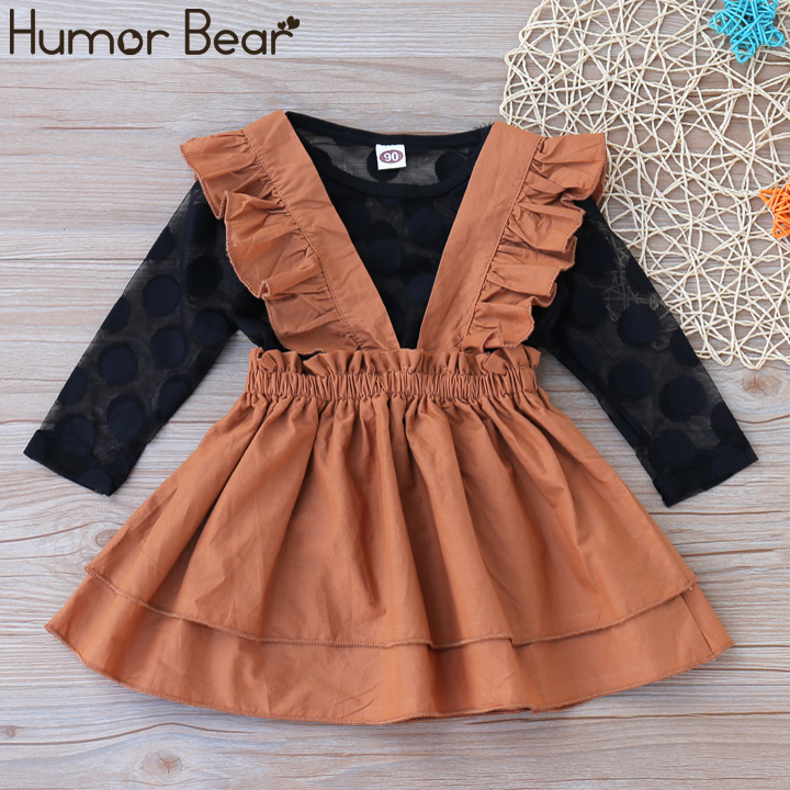 

Humor Bear Girls 2020 New Autumn Children's Clothing Girl Princess Dress Kids Polka Dot Long Sleeve Mesh Top +Skirt 2PC Suit, Brown
