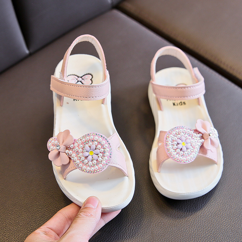 

Girls Sandals Flowers Sweet Soft Children's Beach Shoes Kids Summer Floral Sandals Princess Fashion Cute High Quality B020, Beige