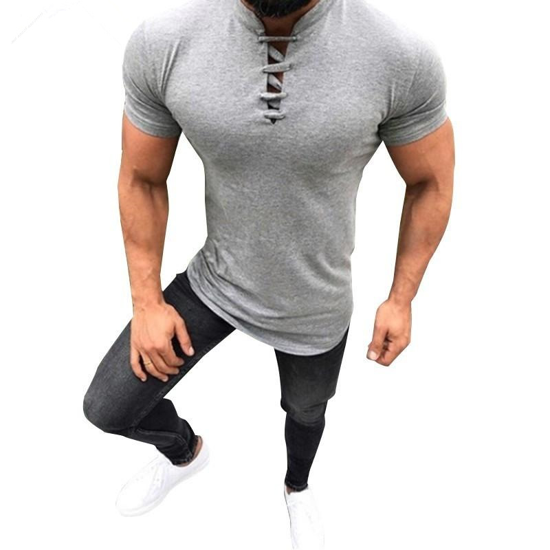 

New Men's Sexy Bandage T shirt Tops Male Black Gray Slim Fit Solid Color Mandarin Collar Short Sleeve t shirt S-3XL