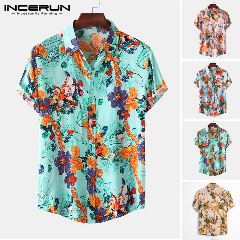 

2020 Floral Printed Shirt Men Short Sleeve Cotton Lapel Beach Mens Hawaiian Shirts Streetwear Breathable Casual Camisa INCERUN, Pink shirt