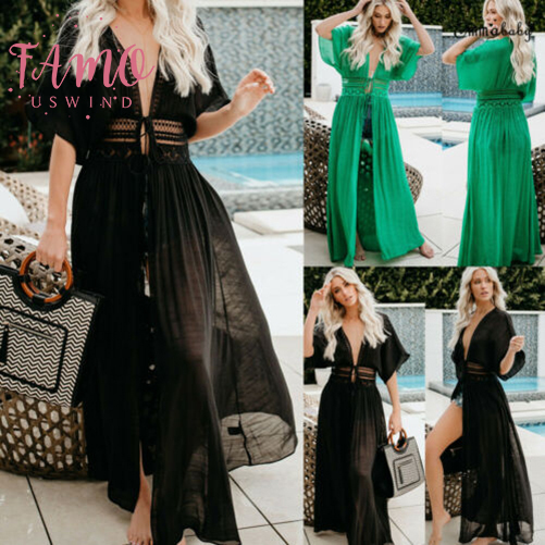 Women Maxi Dresses Beach Bikini Cover Up Long Dress Boho Swimwear Summer V Neck Flutter Sleeve-image-534905352