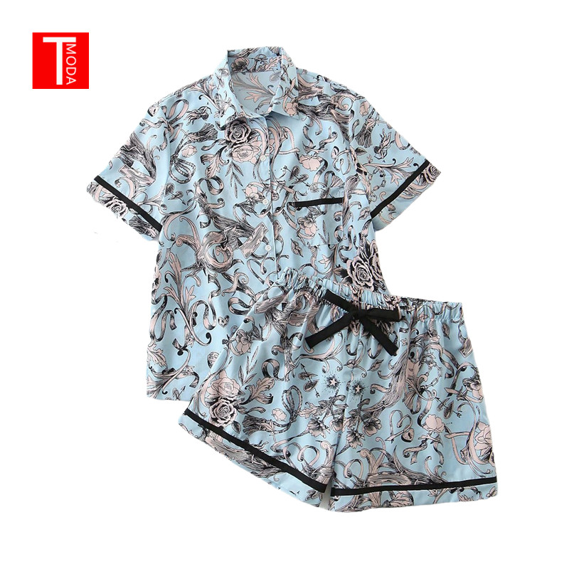 

TMODA Ladies Summer New Fashion Pajamas Suit Comfortable Simulation Silk Printing Home Service Lapel Short Sleeve Shorts Pajamas, Blue