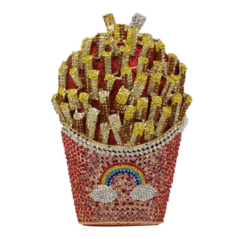 

Designer-French Fries Chips Rainbow Clutch Minaudiere Bag Women Crystal Evening Bag Diamond Wedding Handbag Bridal Purse, Black