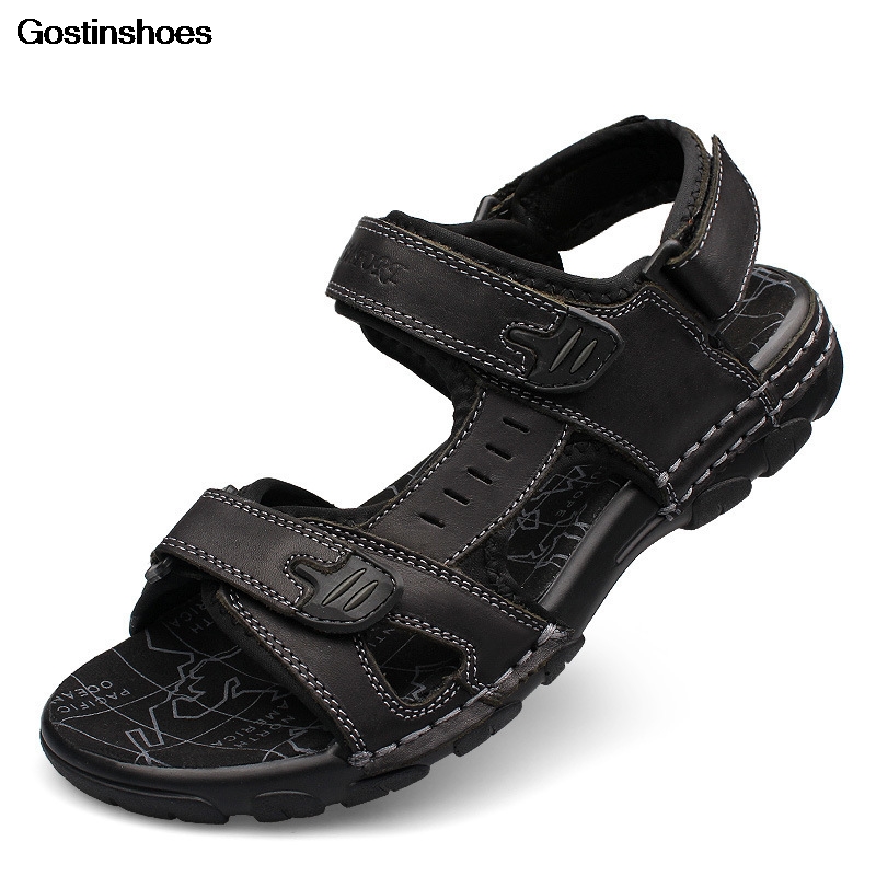 

Men Sandals Leather Cowhide Peep Toe Leather Large Size Shoes Men Sandals Summer Genuine Leather Sandals Men, Grey