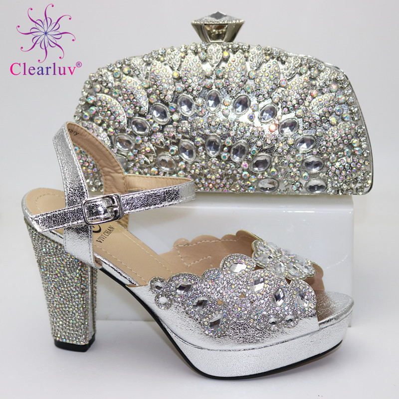 

African Women New Arrivals Shoes and Bag to Match in Silver Color Mature Style with Shinning Crystal Sandals for Wedding Party, Black