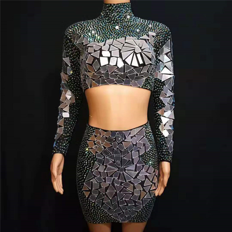 

Black Mesh Perspective Sparkly Mirrors Dress DJ Dance Costume Evening Party Wear Birthday Celebrate Costume Performance Dress