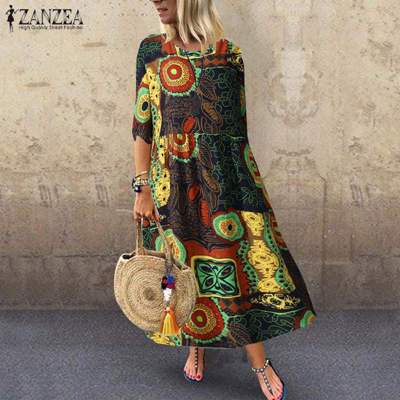 

ZANZEA Women Vintage Floral Printed Sundress Casual Summer Half Sleeve Beach Dress Party Vestido Kaftan Femme Cotton Linen Dress, Style 1 blue