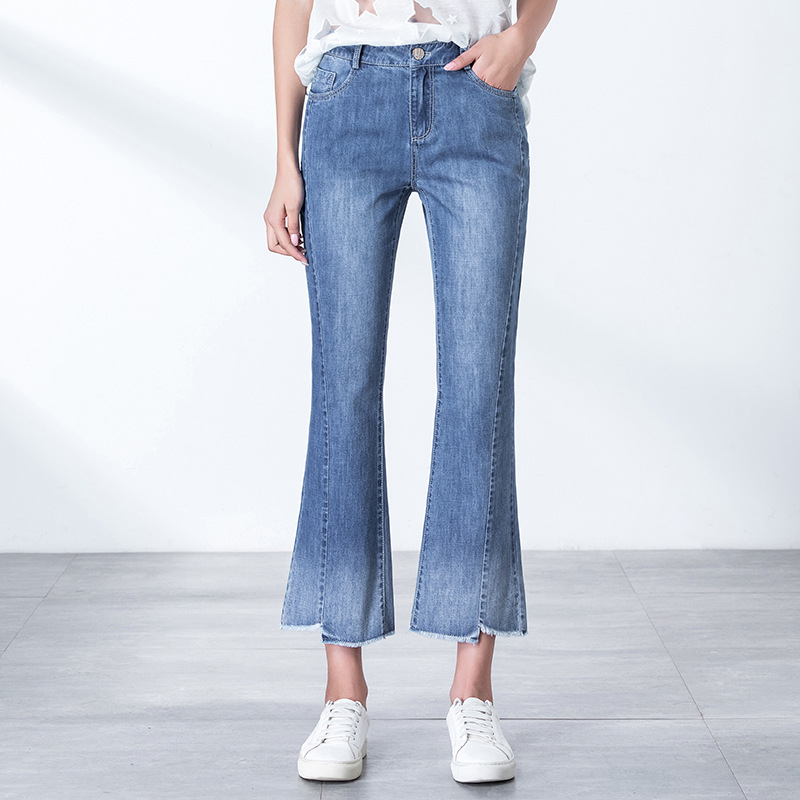 

Summer Women Mid Waist Jeans Pants Stretch Denim Jeans Nine Points Wide leg Pants Female Casual Slim Ankle-Length For Girl, Blue