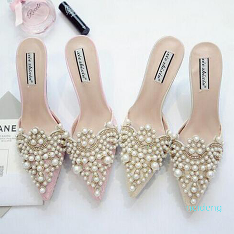 

Hot Sale-Pearl Rhinestones High Heels Shoes For Ladies Pointed Toes Shoes Pink And Beige Sandal Shoes Size 35-39 Free Shipping