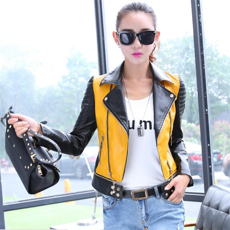 

Women Leather Jacket Coat PU Women Leather Motorcycle Jacket Patchwork Color Spring Autumn Zippre Design Plus Size -3XL, Yellow with black