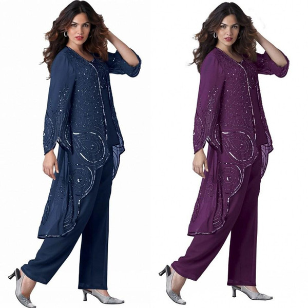 

gorgeous three piece purple mother of the bride pant suits plus size groom mother evening long sleeves sequined chiffon formal dresses 2019