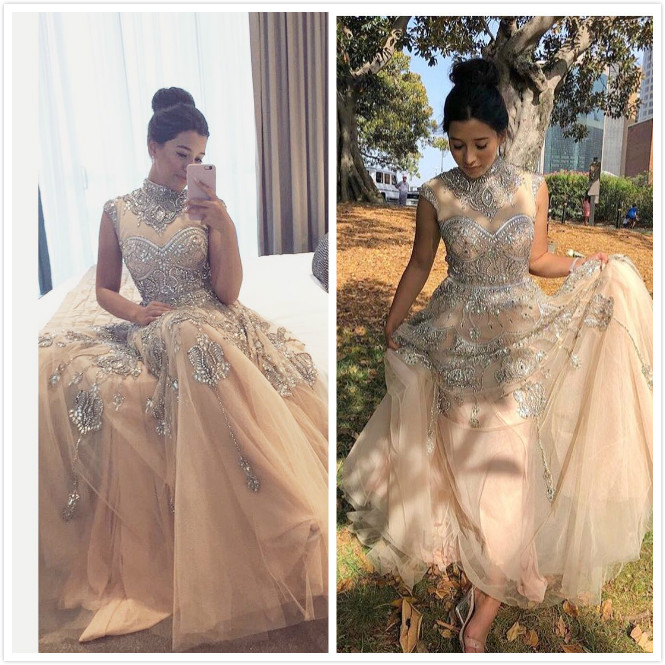 

2020 Arabic Aso Ebi Muslim Champagne Beaded Crystals Evening Dresses High Neck Prom Dresses Sexy Formal Party Second Reception Gowns ZJ352, Multi