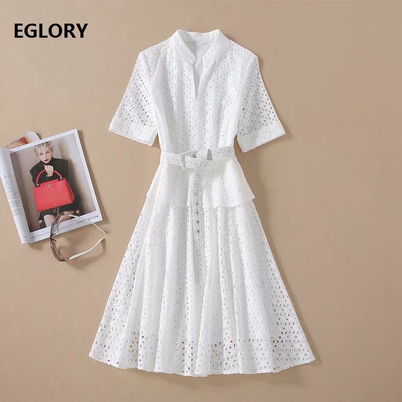 

Princess Women' Dress 2020 Summer Fashion Style Ladies Stand Neck Allover Cut Out Embroidery Short Sleeve Elegant White Dress, As pic